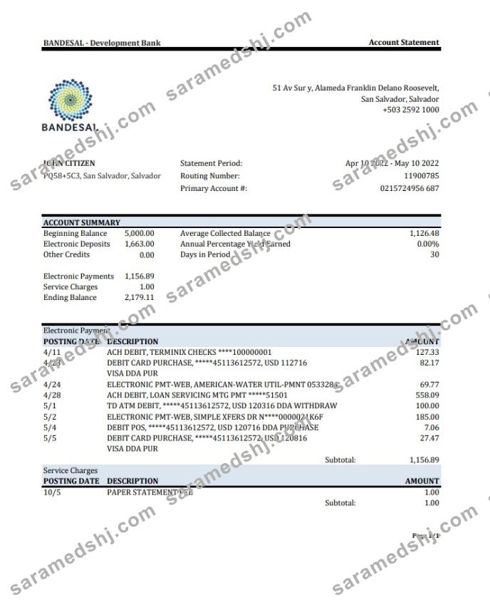 Salvador Bandesal Bank statement